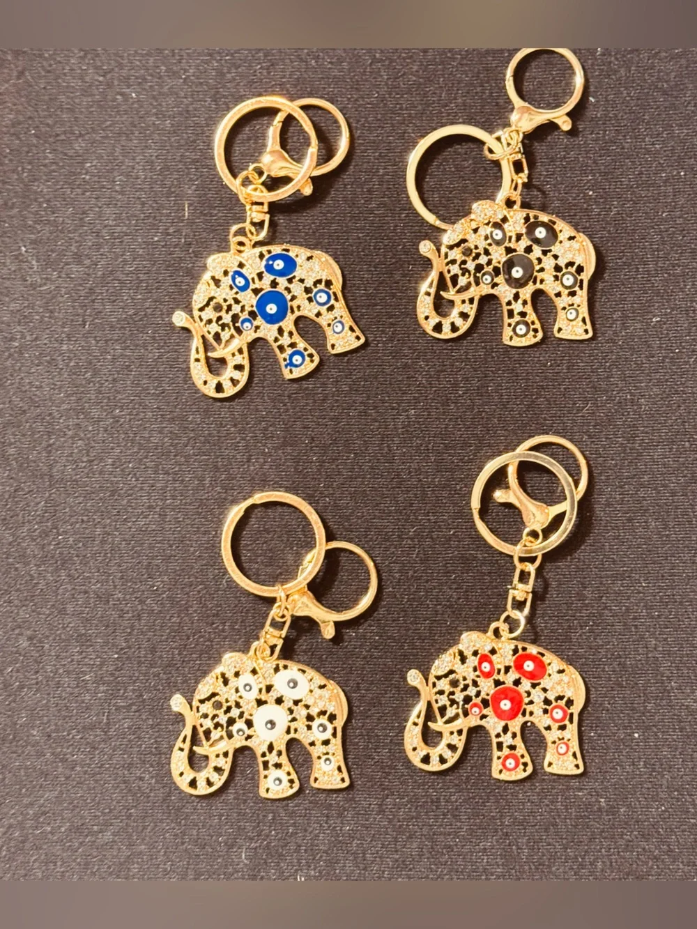 NWT Crystal Rhinestone Elephant Evil Eye Keychain Bag Charm Gold Tone White